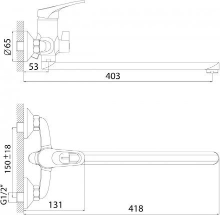 Смеситель ванно-душевой Rossinka B35-32 одноручный (35мм) с плоск.изл.350мм, дивертор с кер.пластин. хр.